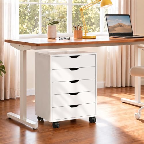 Image of DEVAISE 5 Drawer File Cabinet, Wood Under Desk Drawers Chest Rolling Vertical Filing Cabinet Storage Furniture for Office Home White