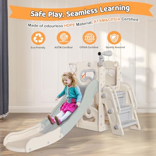 Babytronic Toddler Slide, 6 in 1 Kids Indoor Slide for Toddlers 1-3, Baby Slide for Indoor Outdoor with Basketball Hoop and Telescope, L Shaped Slide for Kids Toddler Slide Playset (White&Gray)