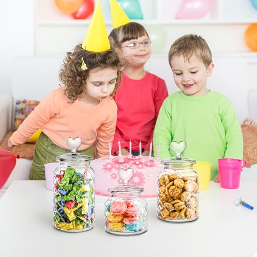 Image of Hiceeden Set of 3 Cute Glass Jars with Airtight Lids, Candy & Cookie Food Storage Containers with Heart-shaped Handle, Glass Canister with Grid Texture for Coffee Beans, Flour, Sugar, 22 /32 /45oz
