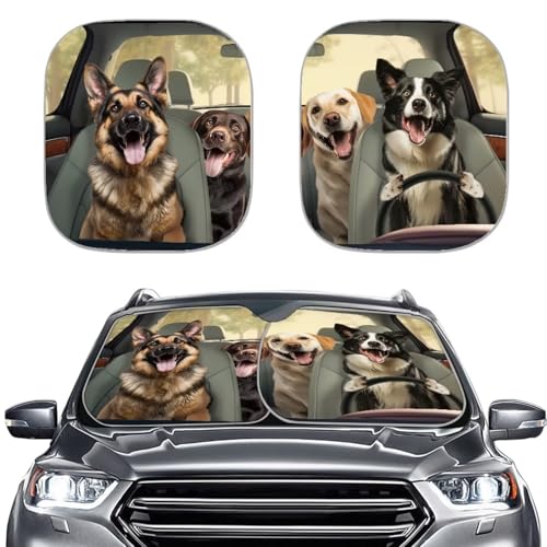 Image of Driving Dogs Car Windshield Sun Shade 2-Piece Foldable Car Windshield Sun Shade Car Sunscreen Blocks UV Rays and Keeps Vehicle Cool Universal Car Accessories Decoration