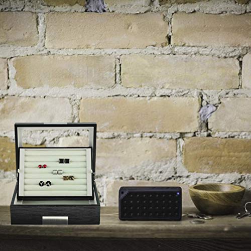 Timelybuys Black Ebony Wood Cufflink Case & Ring Storage Organizer With Stainless Steel Engravable Design Accent Men's Jewelry Box For 72 Cufflinks #TOP1