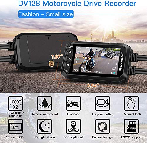 Motorcycle Dash Cam,Blueskysea DV128 1080P Dual Lens Video Recorder Motorcycle Camera Front and Rear Waterproof DVR with G-Sensor, Loop Recording,GPS,Manual Lock,Night Vision