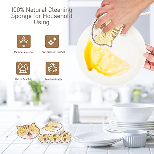 Image of Smile Cat Cartoon Dish Sponges for Washing Dishes 3 Pack Natural Non Scratch Cellulose Sponges for Kitchen and Household Cleaning