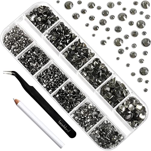 Image of Beadsland Rhinestones for Makeup,8 Sizes 2500pcs Blackdiamond Flatback Rhinestones Eye Gems for Nails Crafts with Tweezers and Wax Pencil,Blackdiamond,SS4-SS30