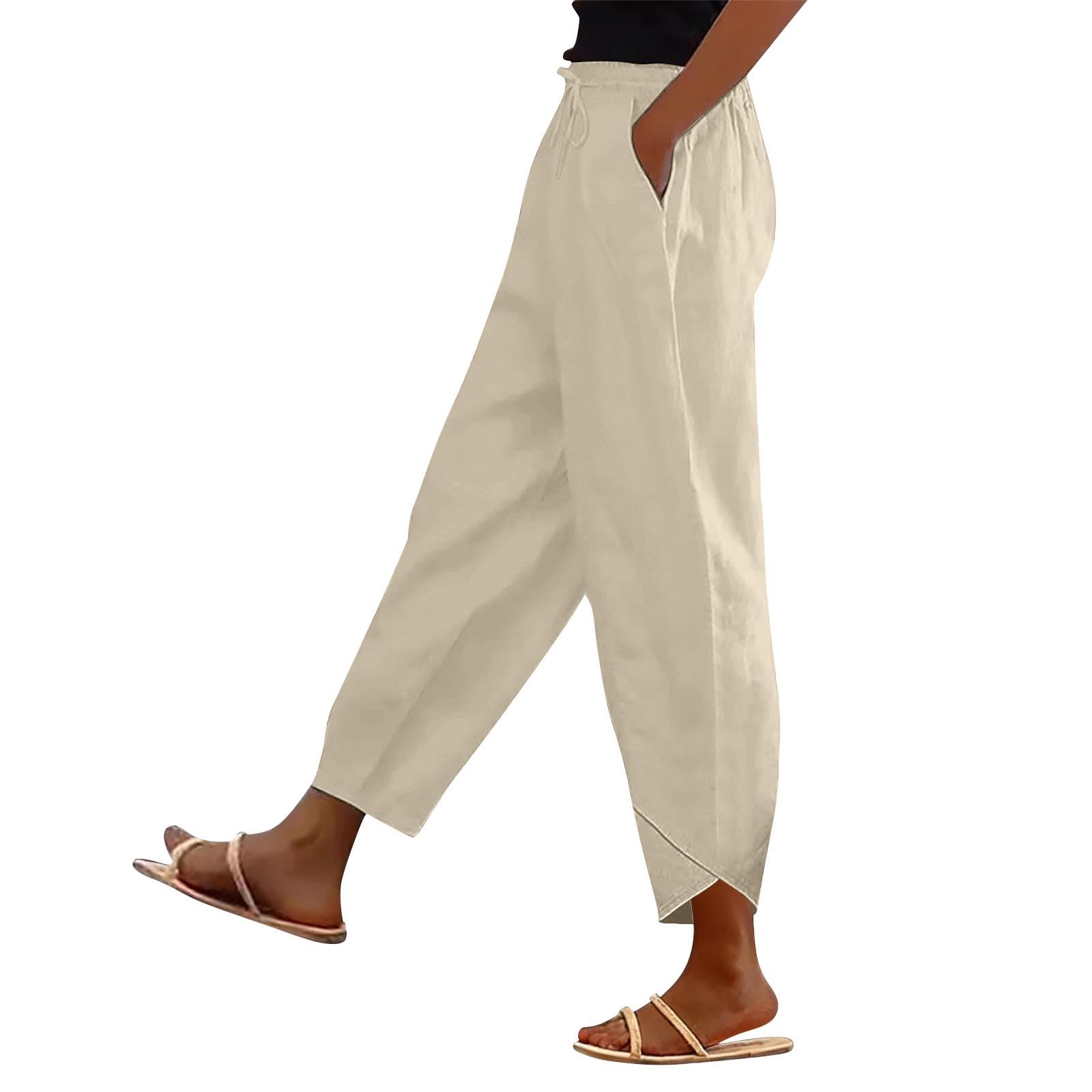 Generisch Pantalon de loisirs en lin pour femme - Élégant - Palazzo - Pantalon sarouel - Léger et respirant - Pantalon d'été à jambes larges - En coton - Pantalon de plage - Pantalon long en tissu