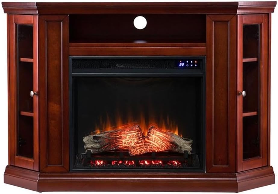 Front view of the Southern Enterprises FR9316 Electric Corner Fireplace, highlighting the central firebox and the structure of the side cabinets.