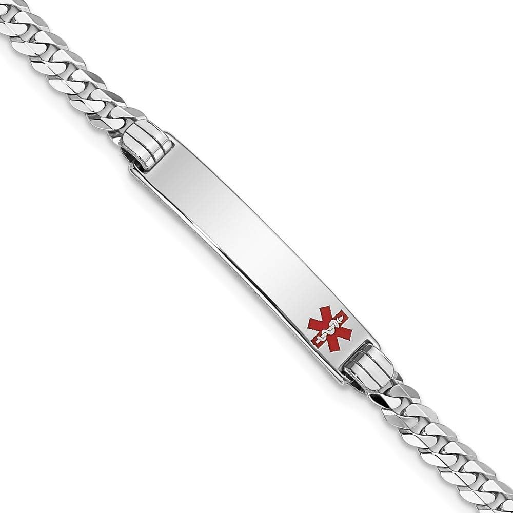 Engravable Personalized Custom 14K White Gold Medical Red Enamel Flat Curb Link ID Bracelet For Men or Women Length 7 inches Width 5.5 mm