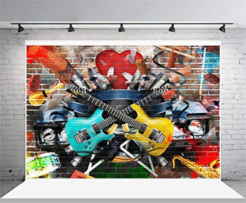 AOFOTO 7x5ft Rock and Roll Music Guitar Backdrop Graffiti Brick Wall Grunge Punk 80s 90s Discos Concert Hip Hop Photography Background Music Night Karaoke Birthday Decoration Party Supplies Banner