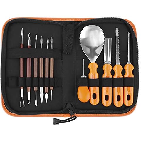 Elmchee Halloween Pumpkin Carving Tools Kit, Halloween Jack-O-Lanterns 11 Piece Professional pumpkin cutting supplies tools Kit stainless steel lengthening and thickening with Handbag Cover
