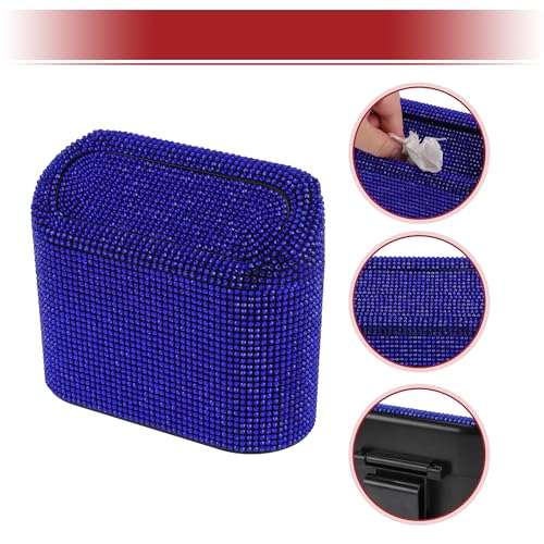 Image of ACROPIX Car Trash Can Trash Bin Rhinestones Hanging 6.3 inch Length 2.8 inch Width 5.5 inch Height Blue Black Rhinestone ABS