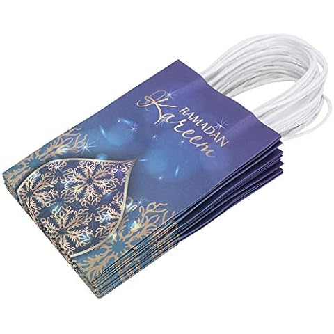12Pcs Eid Mubarak Party Favor Bag Ramadan Gift Bag Paper Bags Sweet Candy Gift Bags with Handle for Kids Ramadan Party Decorations(Blue) Cover
