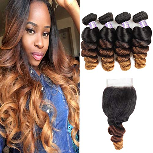 Brazilian Loose Wave Ombre Bundles With Closure (12 14 14 14+14inch) 4 Bundles with 4X4 Lace Closure Free Part Virgin Remy Human Hair 10a 3 Tone 1B/4/27 Ombre Weave Human Hair Bundles