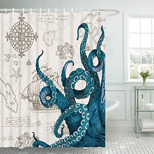Leitingya Nautical Octopus Shower Curtain, Ocean Beach Blue Shower Curtain, Funny Pirate Sailboat Map Kraken Bathroom Decor, Waterproof Washable Shower Curtains Set With 12 Hooks 72 X 72 Inches #TOP2