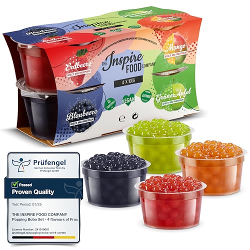 INSPIRE FOOD Bubble Tea Pearl Set - 4-Pack Popping Boba Fruit Pearls | Strawberry, Mango, Green Apple, Blueberry | Tapioca Pearls 100% vegan and gluten-free, without artificial colorings, 100g each