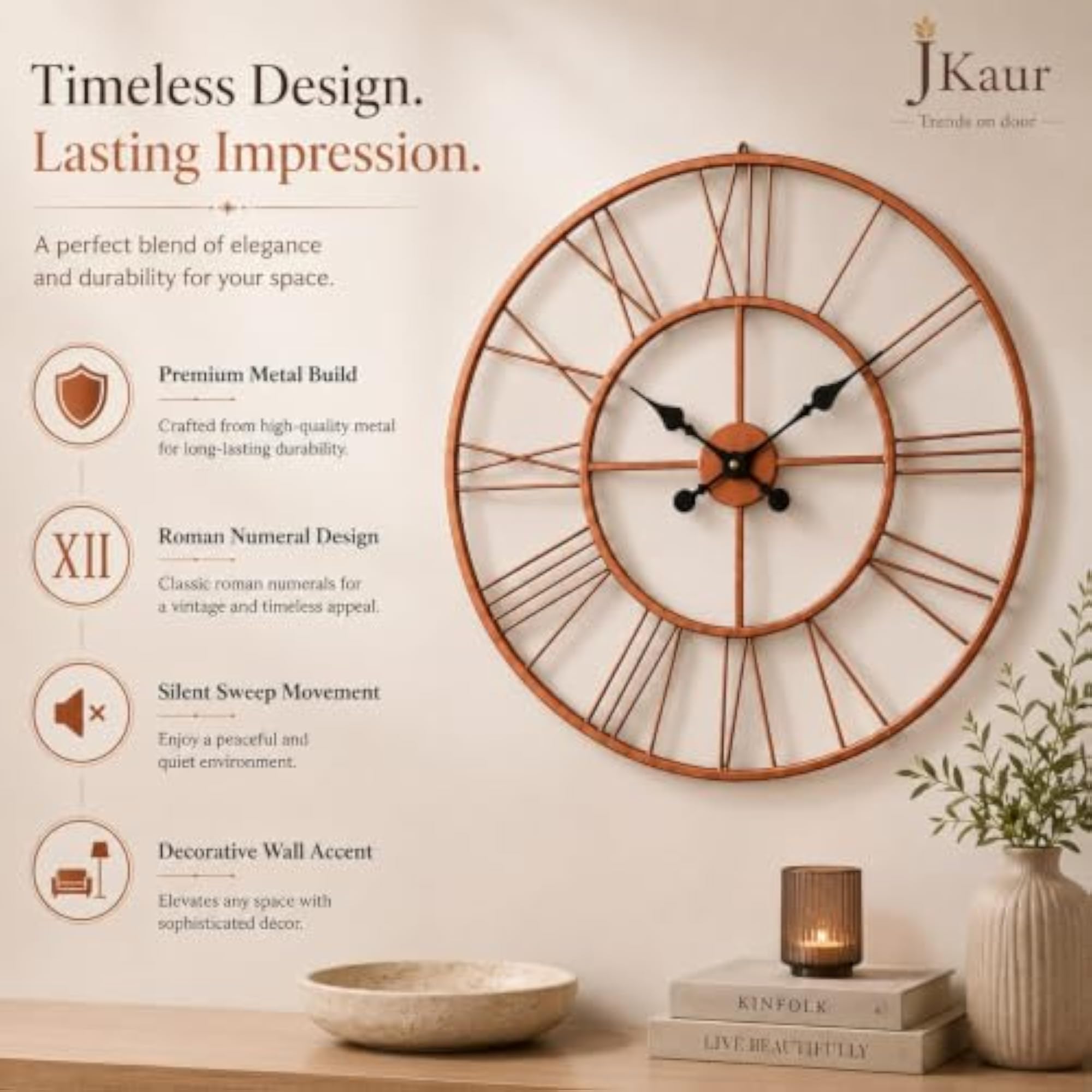 Large Decorative Silent Wall Clock, Golden