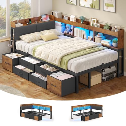 Polsterbett Schlafsofa 90x200 mit Stauraum Kinderbett mit 6 Staufächern & 6 Schubladen Jugendbett mit LED-Beleuchtung & Ladestation,Tagesbett mit Gepolstertem Kopfteil (Vintage Braun, 90x200cm)