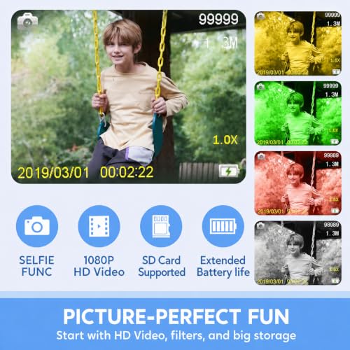 Image of ROFARWORD Kids Digital Camera for Boys & Girls 3-9 Years, 1080P HD Video Camcorder with Selfie, Games & Photo Frames, 2.0 Inch Screen, Rechargeable, SD Card(Not Included), Best Birthday Gift (Blue)