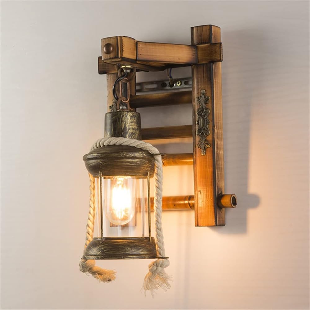 BLOOHK Rustic Wood Wall Sconce with Hemp Rope, Industrial Vintage Metal Wall Lamp Retro Farmhouse Decorative Lighting Fixture for Bedroom Bedside, Corridor