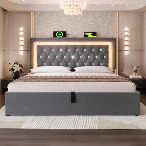 5ft King Size Bed Frame with Hydraulic Storage, Adjustable Diamond Tufted Headboard with LED Lighting&USB Charging, Velvet Functional Upholstered Ottoman Storage Bed with Slat, No Mattress, Grey