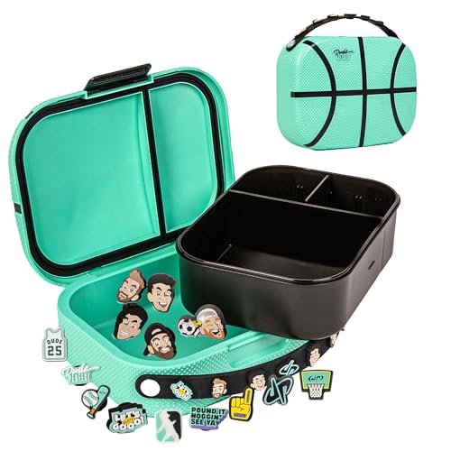 Dude Perfect Lunch Box with Rare Charms | Leak Proof Bento Box with Snap Tight Lid | Removable Inner Tray and Adjustable Divider | NOGGZ for Custom Carry-Strap | 3 Compartments | Sports Kids | Teal