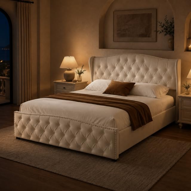 Cama 140x200 cm con canapé abatible y somier de láminas, Cama de Matrimonio tapizada, cabecero capitoné Chesterfield, Apertura hidráulica, Estructura metálica, Terciopelo Beige sin colchón
