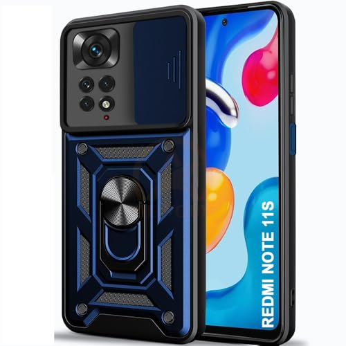 Image of Armor Bumper Back Cover Case for Redmi Note 11 / 11S Rotating Camera Cover, Ring Holder & Kickstand | Heavy Duty & 360 Degree Protection Redmi Note 11 / 11S Back Cover (Blue)
