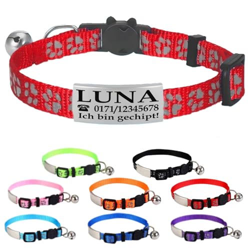 Ibera gifts - Katzenhalsband Personalisiert, Katzenhalsband mit Namen Für Katzen mit Sicherheitsverschluss Selbstöffnend, Reflektierend (Rot)