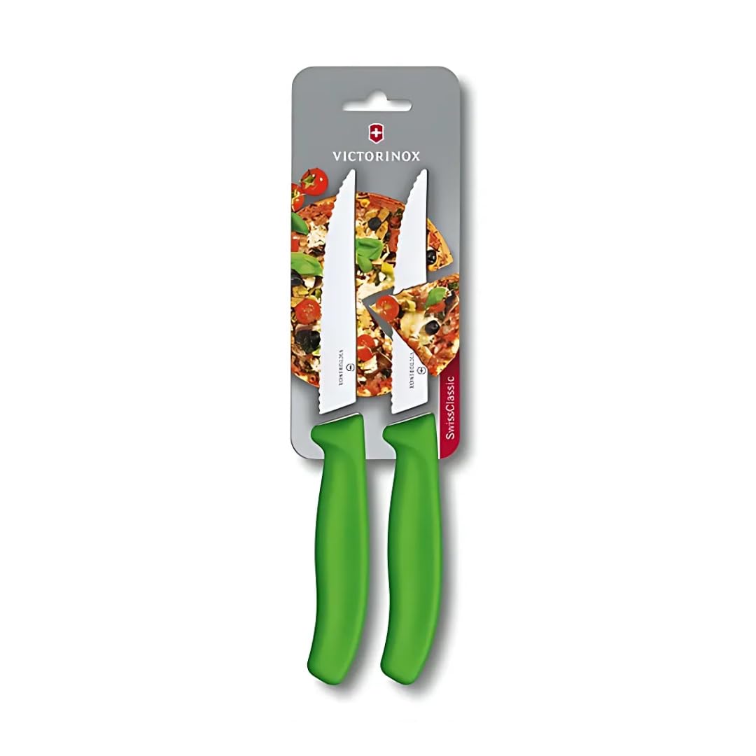 Swiss Classic, pizza and steak knife set, 2-piece, extra sharp blade, serrated edge, 11 cm, plastic handle, stainless steel, green