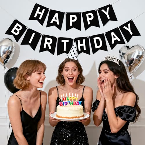 Image of Happy Birthday Banner Party Banner NO DIY Birthday Sign Black and White