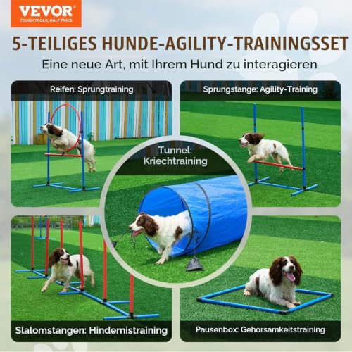 VEVOR Agility Set Hunde, 5-teiliges Set mit verstellbaren hohen Hürden, 6 Slalomstangen, Tunnel, Sprungring, Pausenbox, Pfeife, Faltbarer Schüssel, Hindernisparcours-Set mit Aufbewahrungstaschen