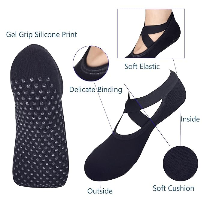 Women’s Non-Slip Grip Yoga Socks – Padded Cotton Pilates, Barre, Ballet, PiYo Floor Socks with Cross Strap Design (IN, Alpha, M, 1, BLACK) - Image 7 thumbnail