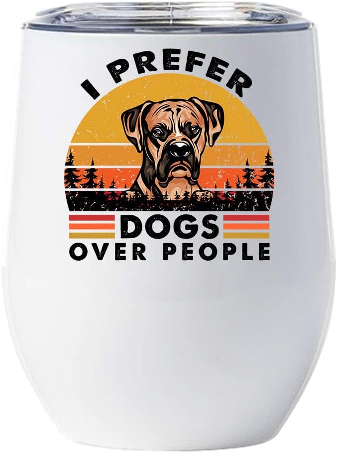 Funny Boxer Dog Tumbler 12oz - I Prefer Dogs Over People Wine Glass With Lid Gift For Dog Lover - Cute Boxers Dogs Sunset Retro Tumblers Cup Stainless Steel Christmas Gifts