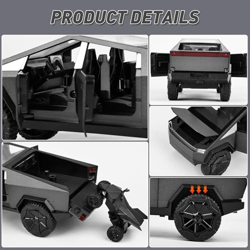 Image of 1:32 Tesla CyberTruck - Black Alloy Diecast Pullback Metal Car Toy with Sound Light & Opening Doors - Great Gift Toy for Kids