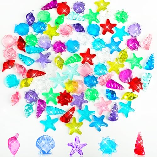 MARFOREVER 100 Pcs Toy Gems Pirate Treasure Jewels, Acrylic Dive Gems Bling Diamonds Fake Seashells Plastic Gemstone for Sensory Bin Filler Beach Mermaid Pool Play, Ocean Themed Party Favors