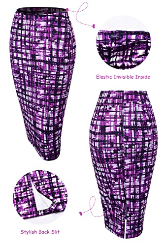 Pencil Skirts For Women Knee Length Stretchy Plaid(Purple,L) #TOP4