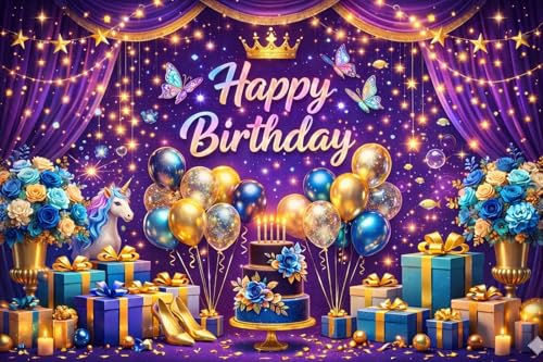 Image of Royal Purple Birthday Backdrop Cloth 5x3 ft - Crown Theme Fabric Banner with Balloons, Cake & Gift Design, Reusable Decoration for Party & Photoshoot