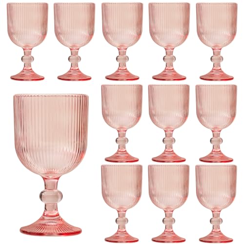 12 Pcs Pink Vintage Wine Glasses, 11 Ounces Colored Glass Water Goblets, Unique Embossed Pattern High Clear Stemmed Glassware Wedding Party Bar Glass Drinking Cups Fancy Glasses Set Hand Wash Only