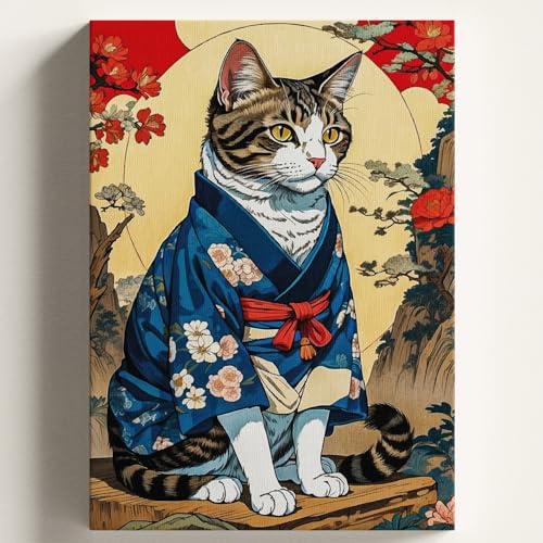 Sayılarla Boyama Tuval Hobi Seti, Japon Kedi Temalı Fırça ve Boya Dahil Set (Çıtalı) 40x50 CM, Kendin Yap Sayılarla Tuval Boya Kiti (Kasnaklı)