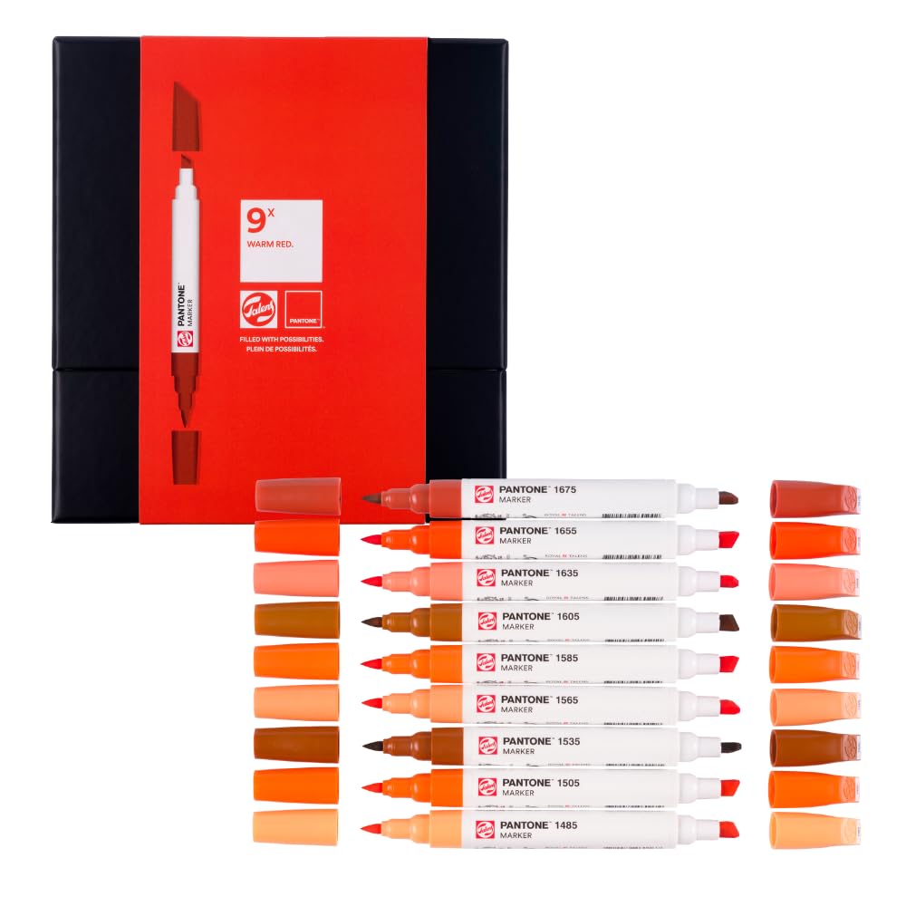 Talens | Pantone Marker Set of 9 Warm Red | Dual Tip Marker with Brush and Chisel Tip | Water-Based Pigmented Ink in Pantone Colors