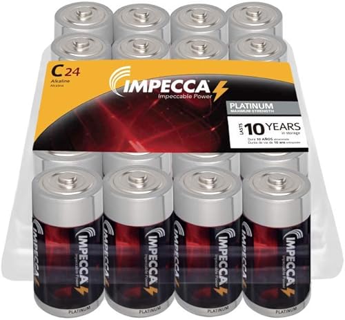 Impecca C Batteries, pilas alcalinas multiusos (paquete de 24) de alto rendimiento, larga duración y resistentes a fugas, 24 unidades LR14 - Serie