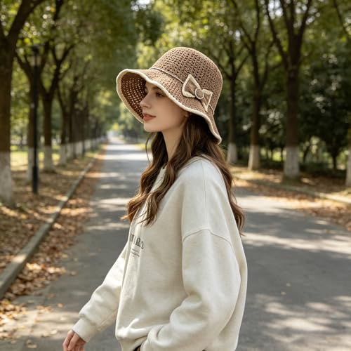 Sombrero Bucket tejido para mujer, plegable, con lazo miniatura 5