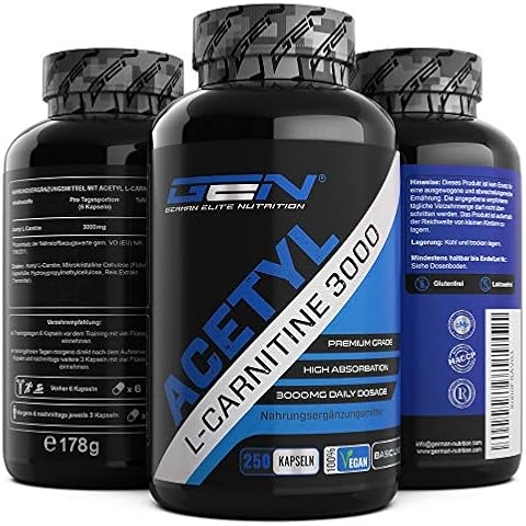 Acetyl L-Carnitin 3000 mit 250 Kapseln - 3000 mg pro Tagesportion - Premium: L-Carnitine als Acetyl Form - Hochdosiert - Laborgeprüfte Qualität - Vegan Cover