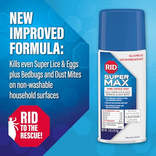 Image of RID Super Max Lice Treatment Home Control Spray Kills Super Lice, Bedbugs and Dust Mites on Mattresses Furniture Car Interiors and Other Non-Washable Items Spray Can 5 oz