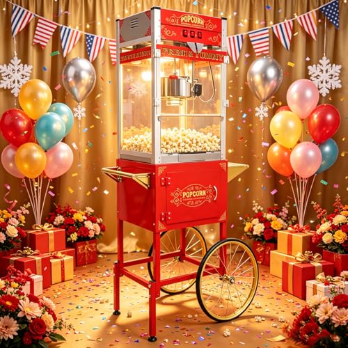 Image of 28 OZ Commercial Popcorn Machine with Cart - Stainless Steel Kettle Popper with Wheels, Warming Deck & Tempered Glass, for Business, School, Corporate, Theater, Home Use, Red