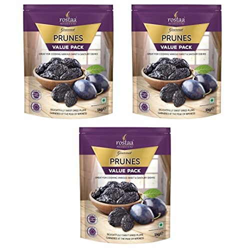 Image of Rostaa Dried Pitted Sweet Prunes Dry Black Plum 3 kg (Pack of 3 x 1kg) (Gluten Free, Non-GMO & Vegan)Dried Plums, Rich Pitted Prunes,High in Vitamins and Fiber,High in Dietary Fiber,Dried Seedless Plums, Healthy Snacks
