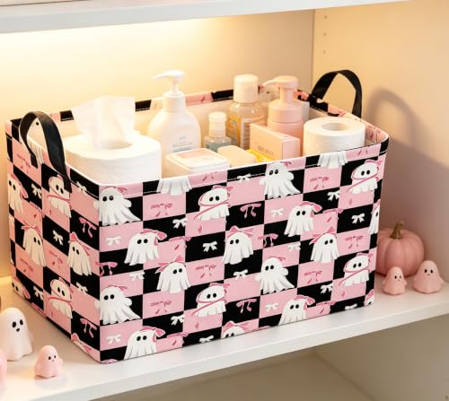 Image of Rectangle Storage Basket with Handles,Collapsible Storage Bin,Gift Basket(Pink Check Halloween)