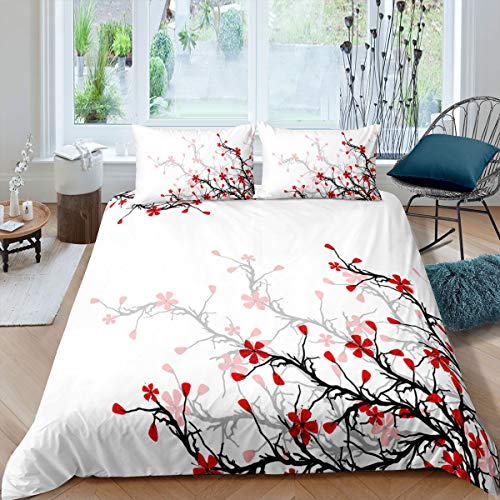 Japanese Duvet Cover Queen Size,Adult Women Spring Cherry Blossom Comforter Cover Asian Botanic Themed Pattern Fresh Organic Art Bedding Set, Branch Of Red Flowers Decorative Bedspreads White Black #TOP13
