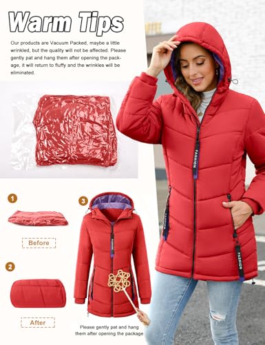 Yuson Girl Wintermantel Damen Warm Steppjacke Parka Lang Mantel Winter Jacke mit Kapuze Herbst Winter Steppmantel Outdoorjacke Elegant Kapuzenmantel mit Zipper, Tasche(Rot, L)