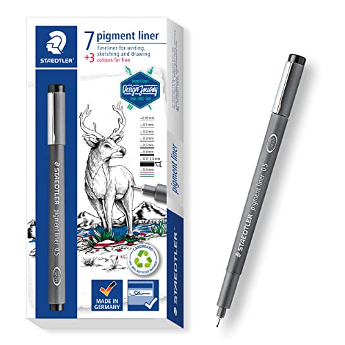 STAEDTLER Pigmentierter Fasermaler in verschiedenen Linienbreiten inklusive 3 Filzstiften dokumentenechte Pigmenttinte lange Haltbarkeit 7 Linienbreiten mit 3 Farbstiften bunt 1