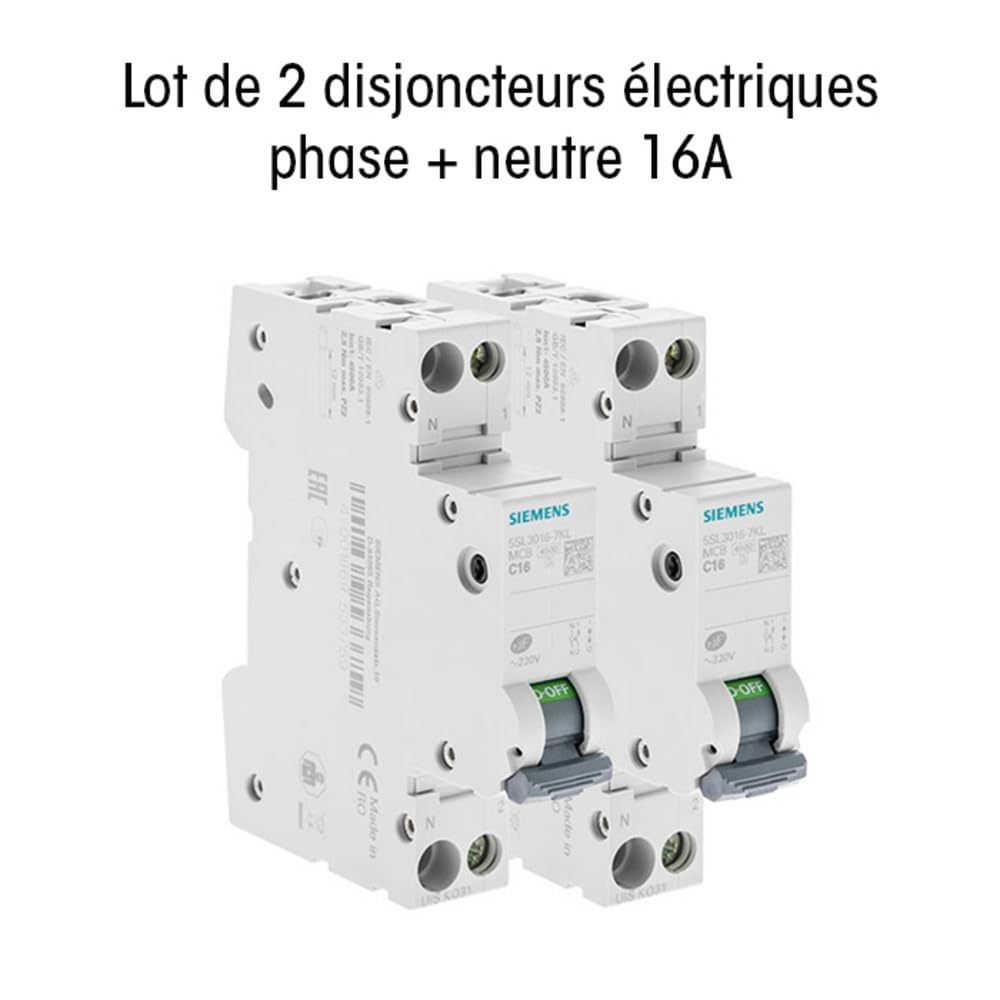 Lot de 2 Disjoncteurs électriques phase + neutre 16A
